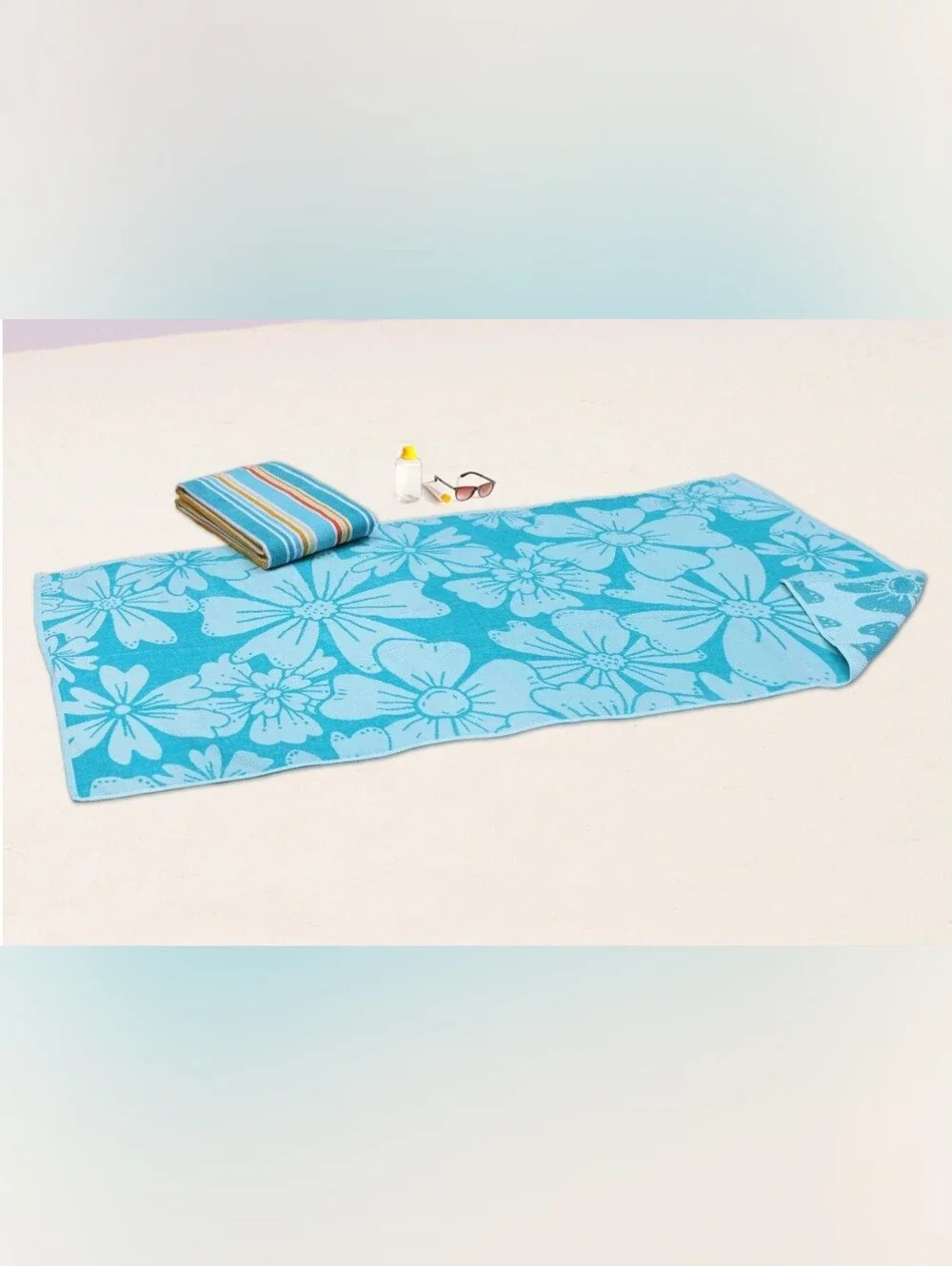 4 Beach Towels Green Floral & Striped Quick Dry Cotton Blend Bath Hanging Loop